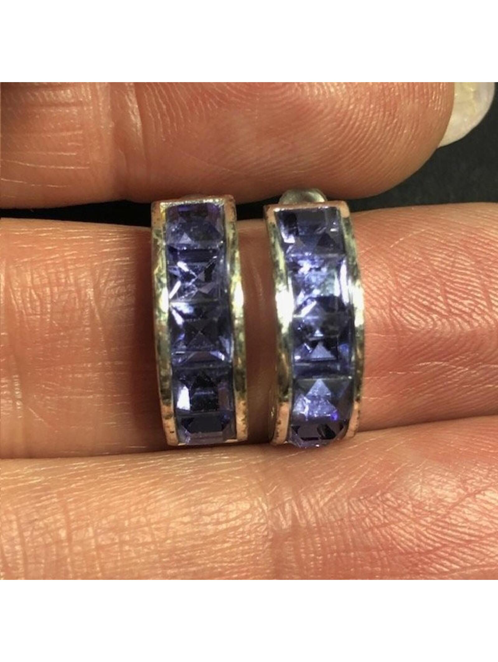 B0782 Roman Silvertone Curved Earrings Purple Princess Cut Rhinestones 20mm B0782 Roman Silvertone Curved Earrings Purple Princess Cut Rhinestones 20mm